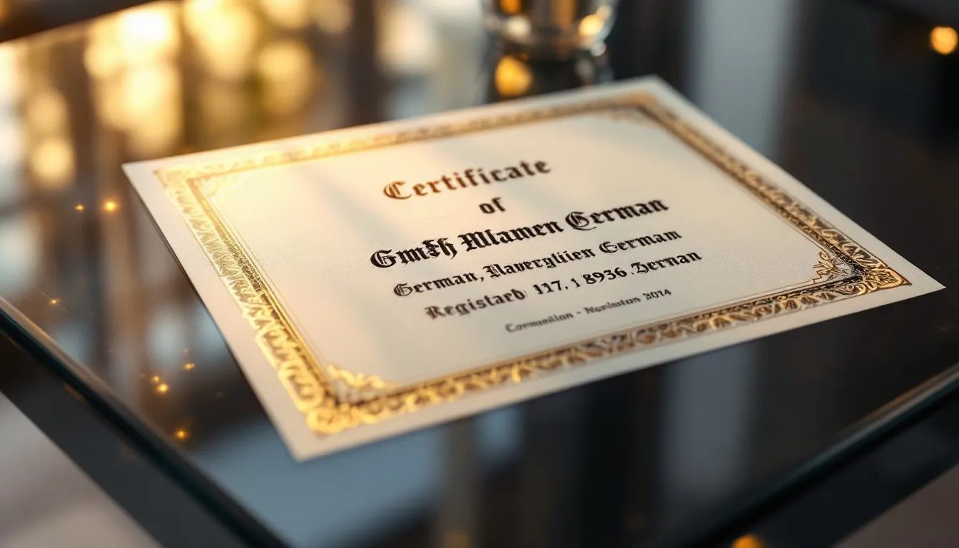 Certificat GmbH reposant sur une table élégante.