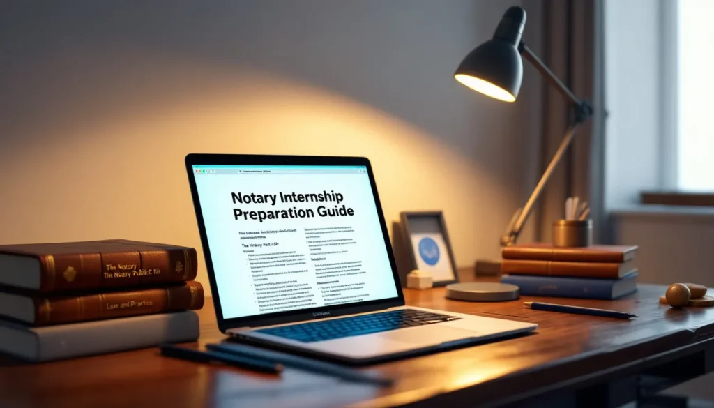 Bureau bien agencé avec documents juridiques, ordinateur portable et fournitures de bureau pour un stagiaire notaire.