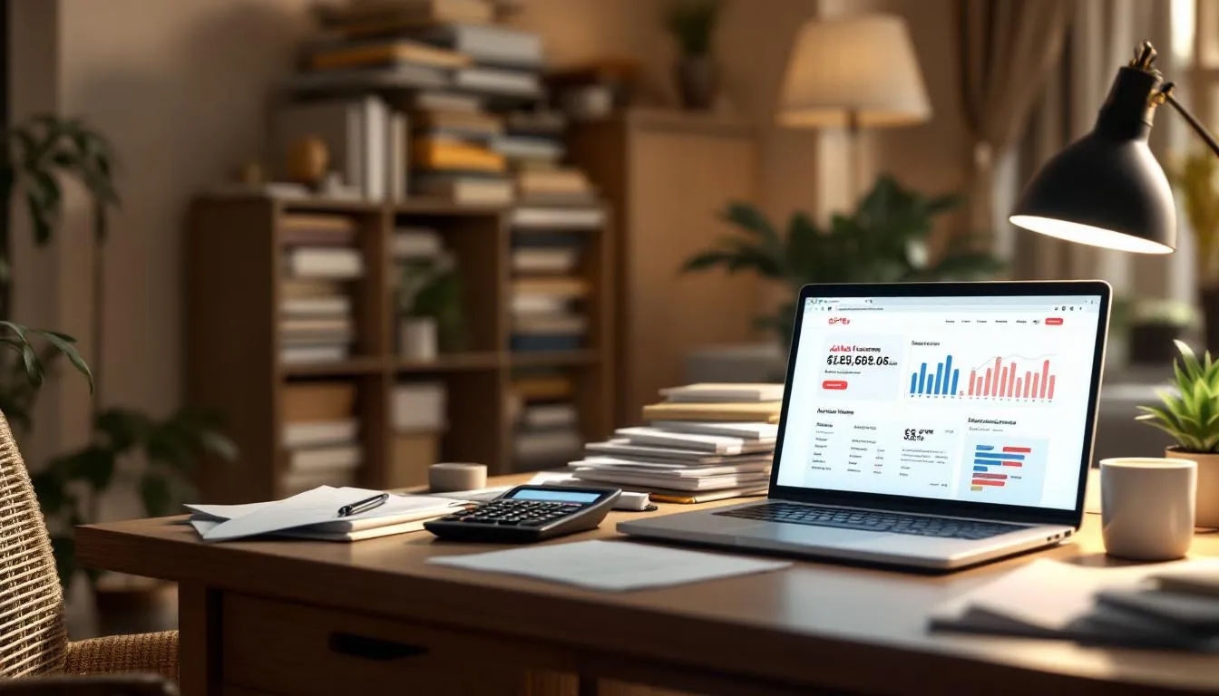 Bureau élégant avec des éléments liés aux revenus Airbnb, tels que graphiques et documents financiers.