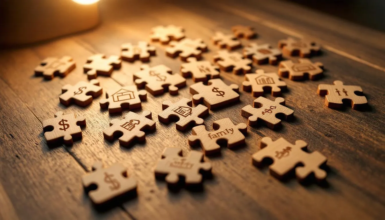 Une réunion familiale animée autour d'énigmes, éclairée par une lumière douce et chaleureuse.