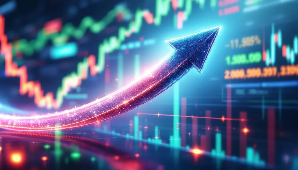 Flèche dynamique sur un fond évoquant des graphiques financiers et des données économiques.