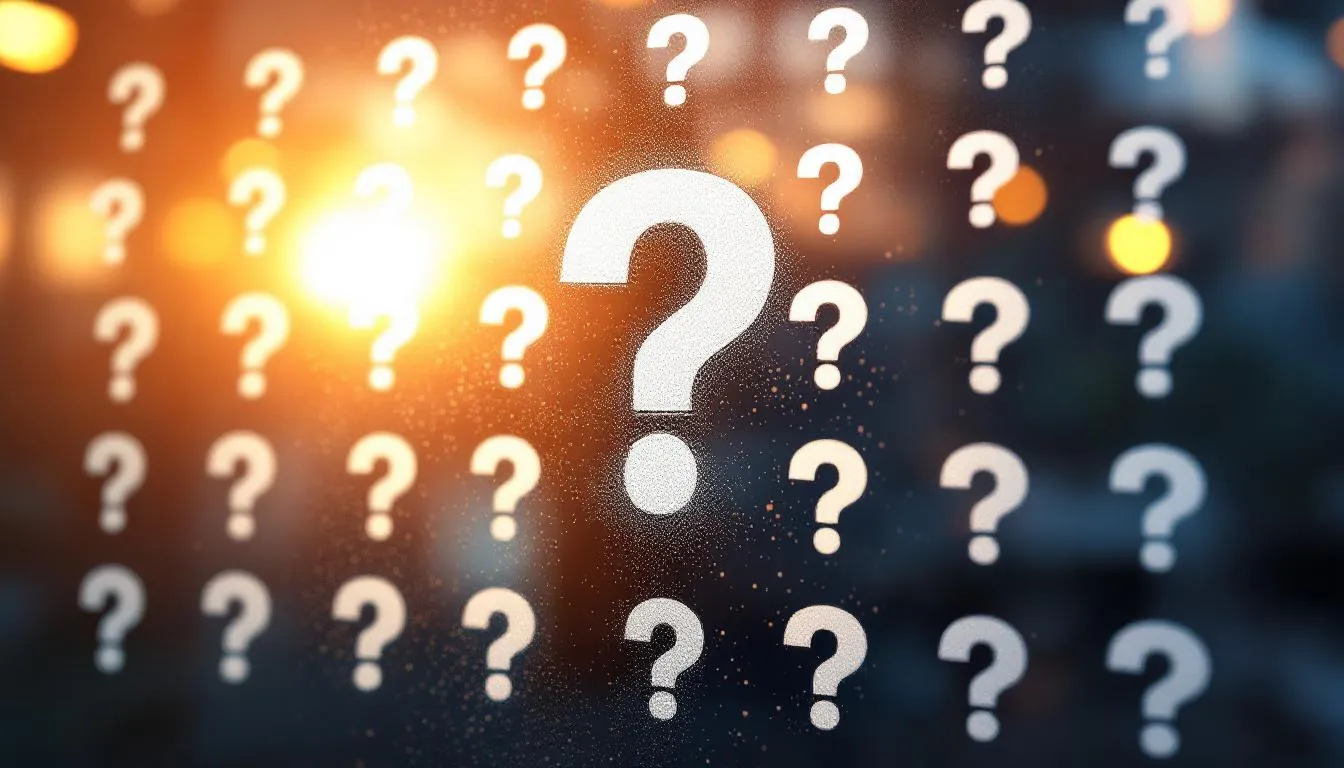 Silhouettes de questions en verre, flottant sur un fond neutre.