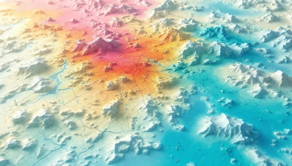 Carte géographique isochrone illustrant les zones accessibles en fonction du temps de trajet.