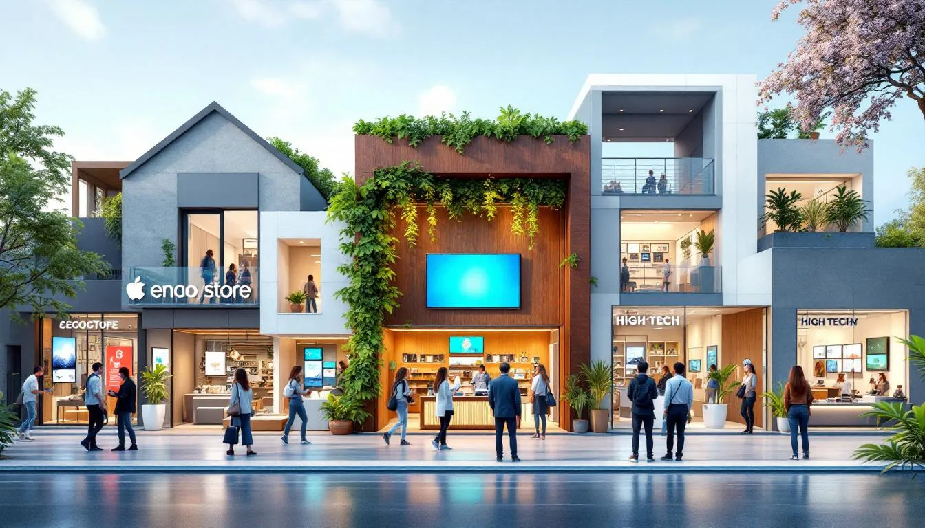 Un magasin du futur animé, avec des technologies avancées et des présentations dynamiques de produits.