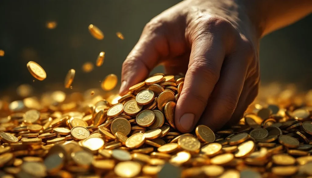 Main de l'État tenant des objets symbolisant la richesse, tels que des pièces de monnaie et des lingots d'or.