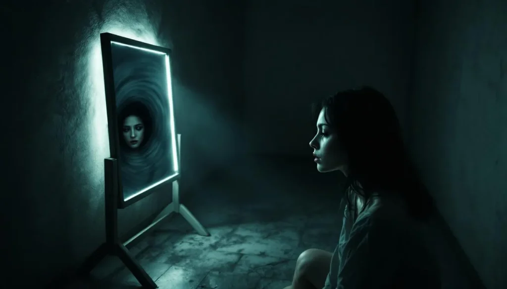 Une silhouette floue se reflète dans un miroir sombre, évoquant introspection et mélancolie.
