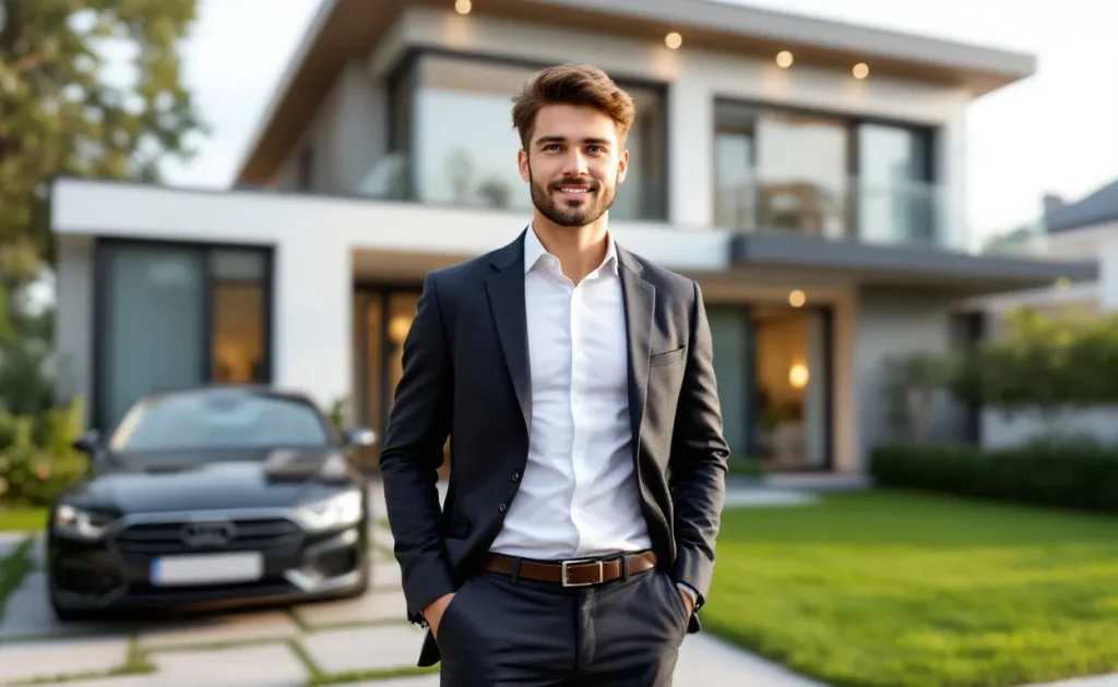 Un jeune professionnel souriant tient des clés de maison et des billets en euros devant une maison moderne en plein jour.