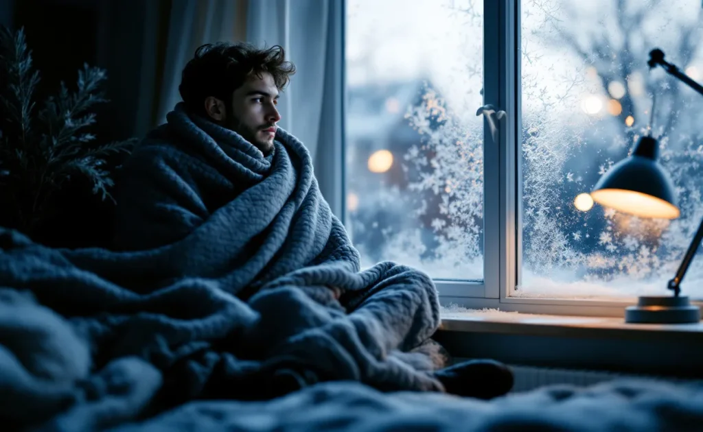 Un jeune locataire enveloppé dans une couverture est assis près d’une fenêtre givrée, respirant dans une atmosphère froide et bleutée d’un appartement sombre.