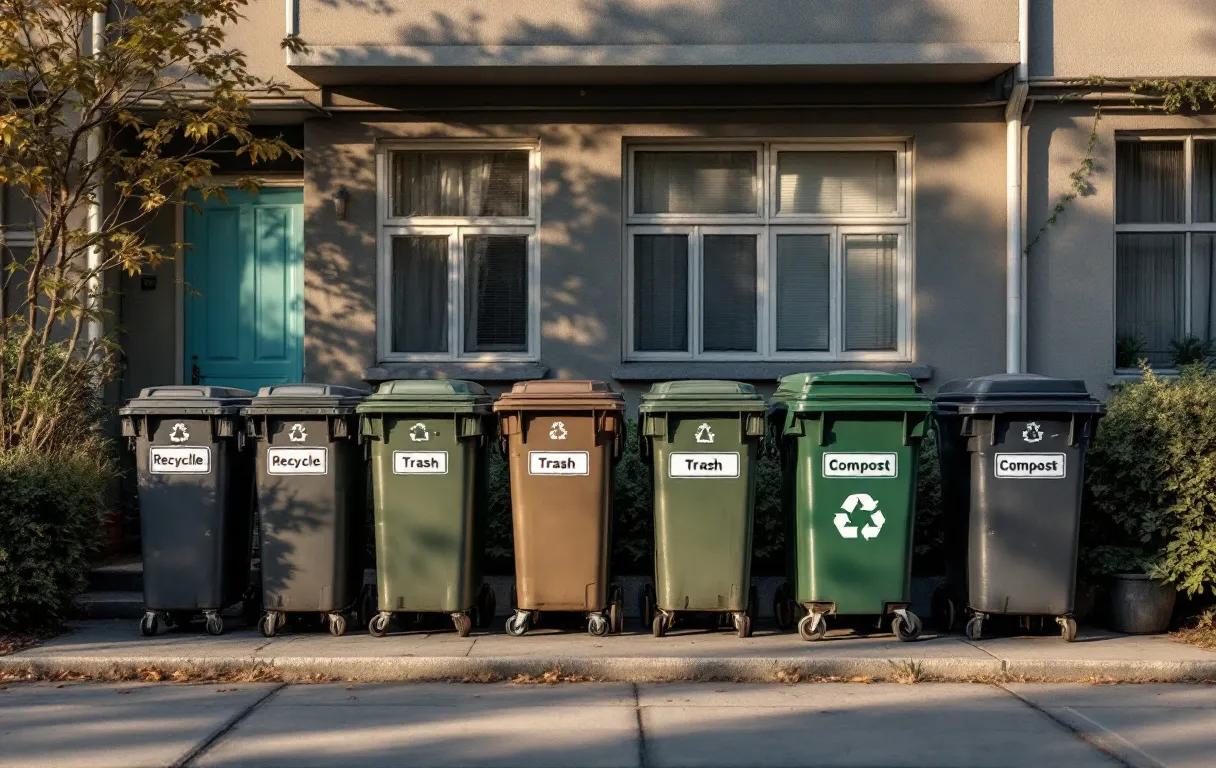 Plusieurs poubelles étiquetées sont alignées devant un immeuble d’habitation sous une lumière matinale douce.