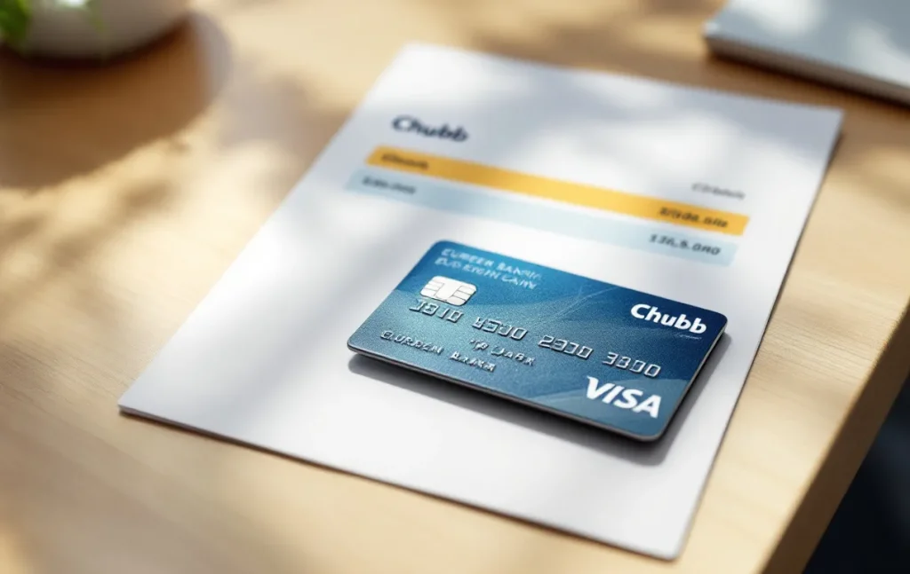 Une carte bancaire européenne et un relevé de compte avec une transaction Chubb sur un bureau en bois clair éclairé par la lumière du jour.