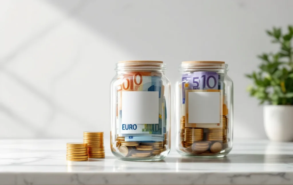 Trois bocaux en verre étiquetés de logos bancaires différents, remplis de billets et de pièces en euros, sont disposés sur un comptoir en marbre sous une lumière matinale délicate.