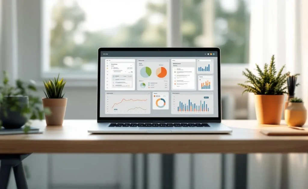 Bureau moderne avec un ordinateur portable affichant trois tableaux numériques de gestion de projet côte à côte, éclairé par une lumière matinale douce.