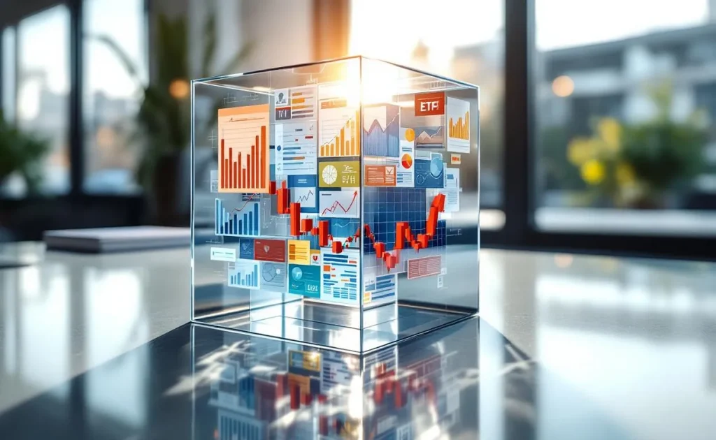 Un cube en verre transparent contenant des graphiques financiers colorés et des documents d’ETF repose sur un bureau réfléchissant éclairé par la lumière du jour dans un bureau moderne.