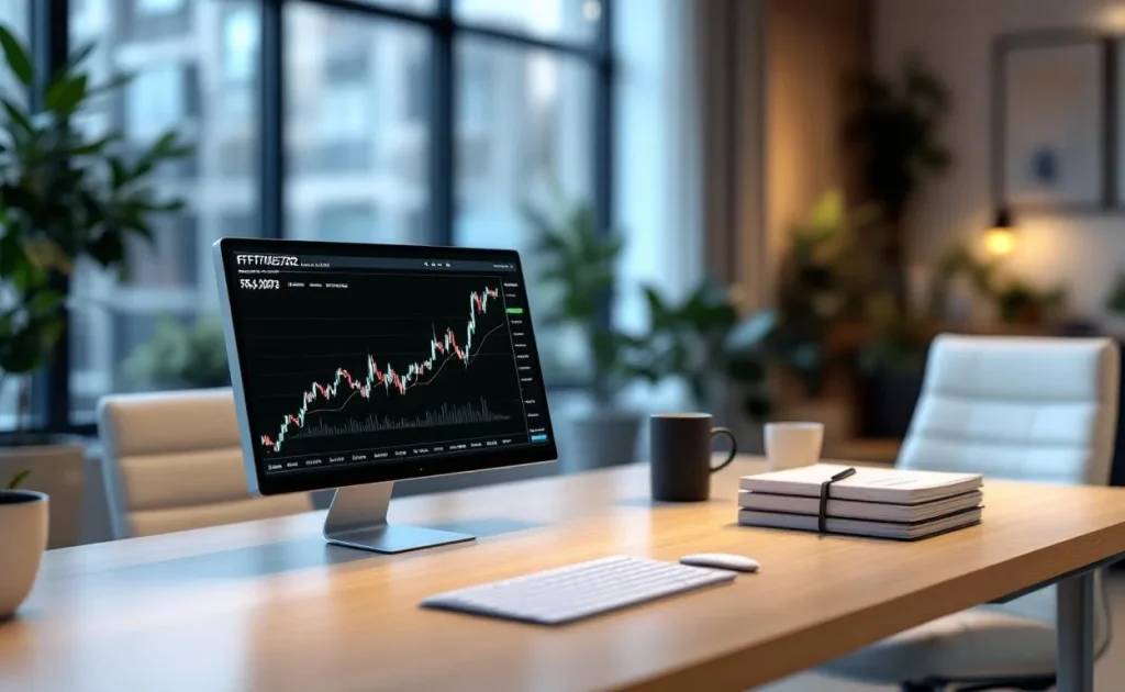 Un graphique financier réaliste et une fiche ETF FR0007052782 sont posés sur un bureau moderne dans un bureau éclairé.