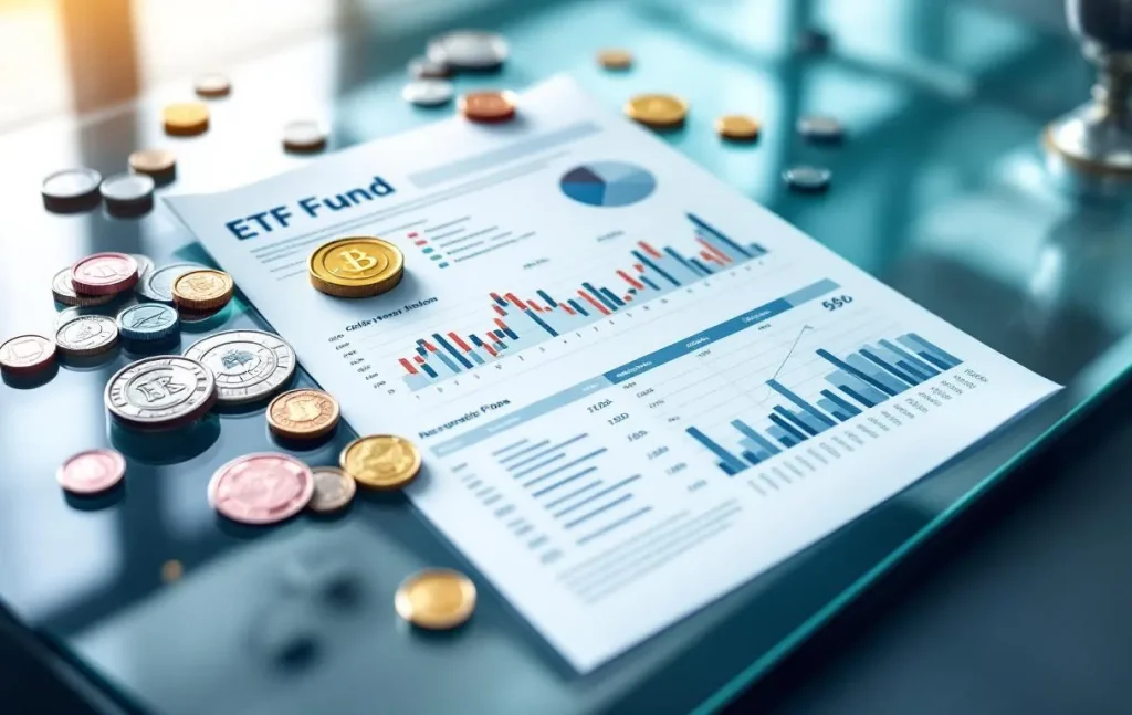 Document transparent de fonds ETF sur un bureau en verre, avec graphiques, chiffres, icônes de risque, pièces colorées éparpillées et lignes de graphique sous une lumière naturelle.