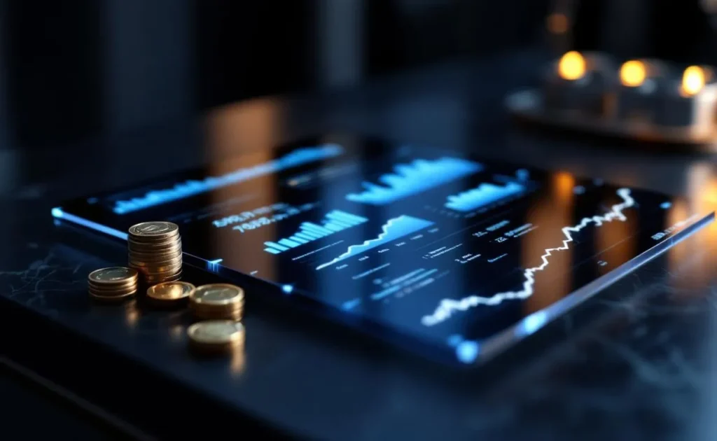 Un rapport financier en verre repose sur une table moderne avec des graphiques visibles et une pile de pièces, dans des tons bleus et argentés.