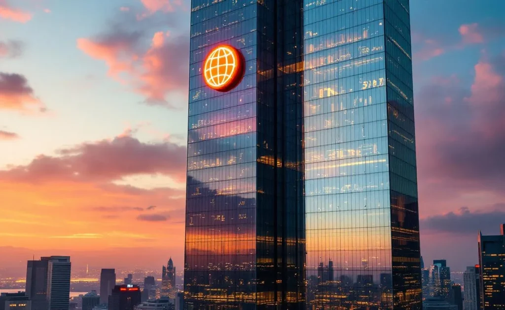 Siège imposant d’une banque internationale en verre et acier, illuminé au crépuscule avec son logo visible sur la ligne d’horizon urbaine.