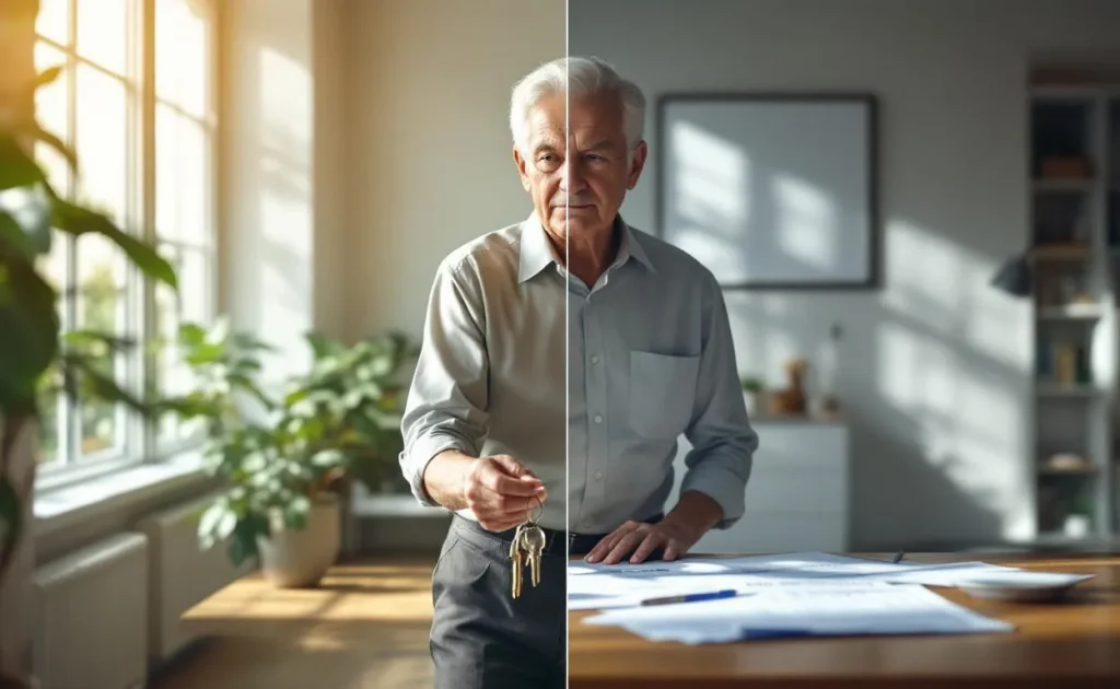 Une maison partagée par une ligne transparente montre d’un côté une personne âgée tenant des clés, de l’autre des documents fiscaux posés sur une table en bois éclairée par la lumière du jour.