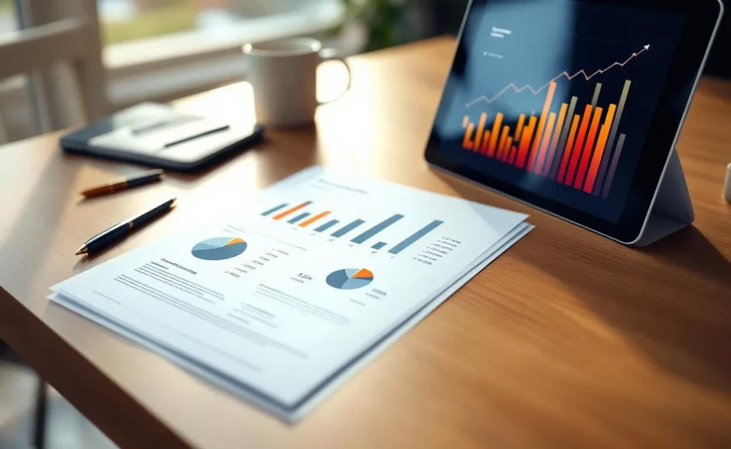 Un document financier posé à côté d'une tablette affichant des graphiques et tendances sur un bureau en bois éclairé par la lumière du jour.