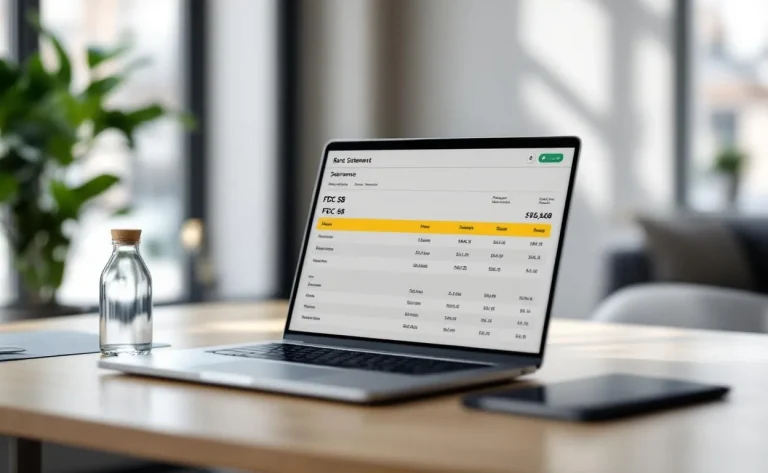 Un relevé bancaire numérique s’affiche sur un ordinateur portable dans un bureau épuré, avec la ligne "FDC 58" surlignée en jaune.