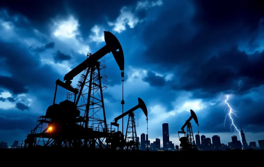 Des plateformes pétrolières se détachent en ombres devant un ciel orageux au crépuscule, avec des gratte-ciel en arrière-plan.