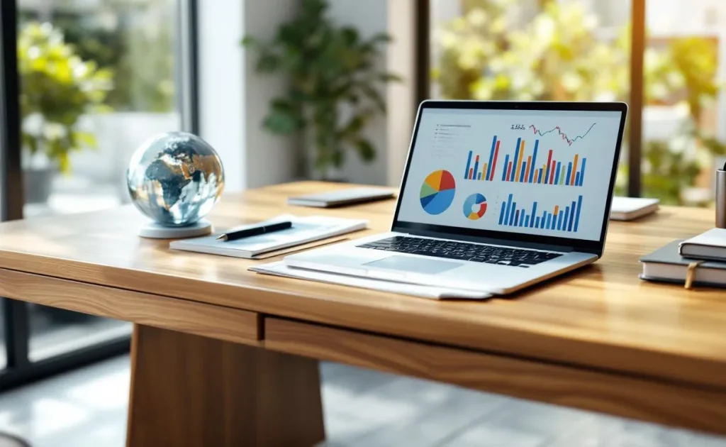 Un rapport financier avec des graphiques colorés et un globe en verre est posé sur un bureau élégant éclairé par une lumière naturelle douce.
