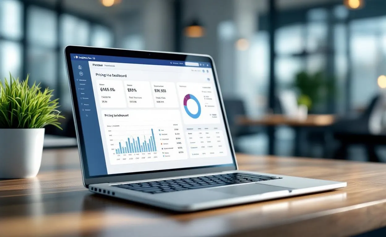 Un ordinateur portable moderne posé sur un bureau en bois affiche le tableau de bord tarifaire de LogipolWeb, dans un bureau municipal lumineux.