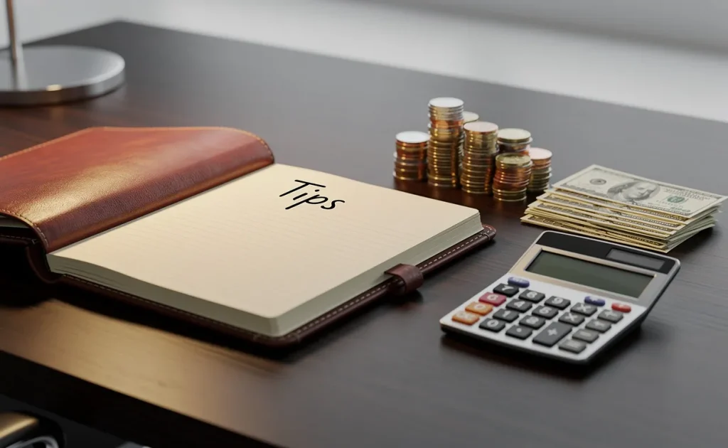 Bureau d’expert-comptable avec un carnet ouvert à la page « Conseils », des pièces, des billets et une calculatrice sous une lumière tamisée.