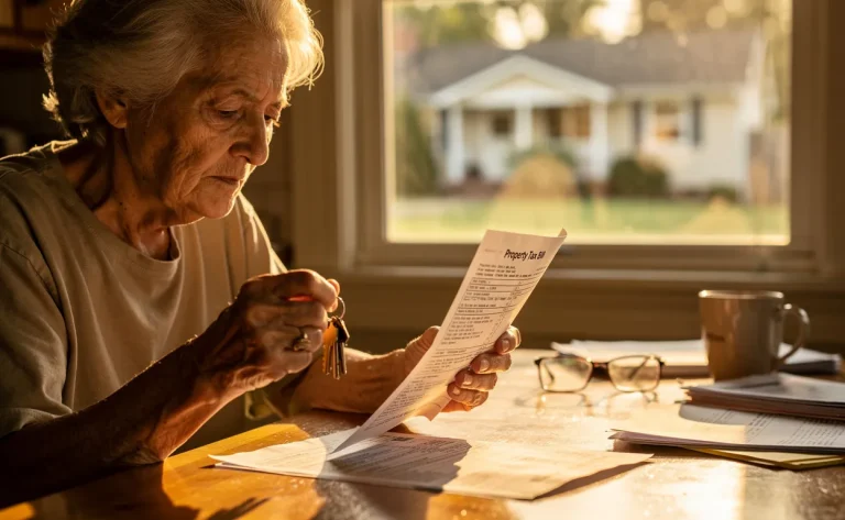 Une personne âgée tient des clés de maison et une facture de taxe foncière assise à une table de cuisine baignée de lumière avec une maison visible par la fenêtre.