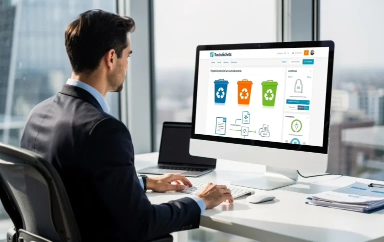Un professionnel au bureau consulte l’interface Trackdéchets sur un ordinateur, entouré d’icônes de gestion numérique des déchets et de lumière naturelle.