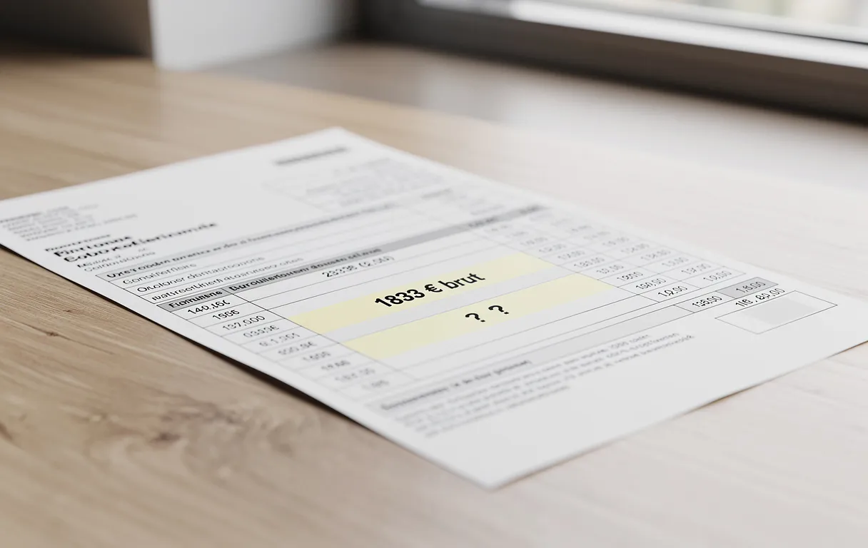 Un bulletin de paie mensuel posé sur un bureau en bois, avec "1833 € brut" et un point d’interrogation mis en évidence sous une lumière naturelle.