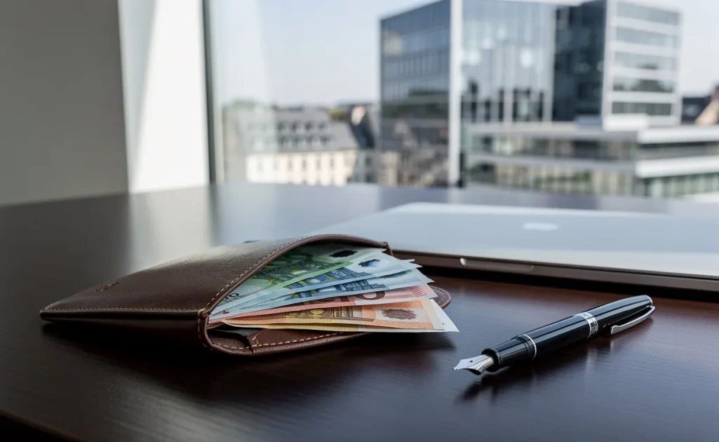 Un portefeuille ouvert rempli de billets en euros repose sur un bureau près d'une fenêtre avec vue sur les immeubles modernes de Luxembourg.