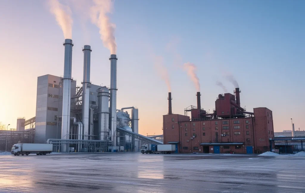 Deux usines voisines de tailles et couleurs différentes dégagent de la vapeur dans l’air du matin, illustrant leur rivalité économique.