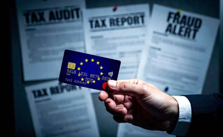 Un homme d'affaires tient une carte bancaire ornée du drapeau européen devant des documents flous marqués « tax » et « fraud ? » sur fond bleu.