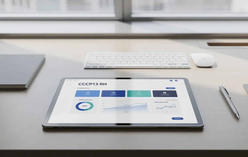 Une tablette numérique affiche le tableau de bord CCCP13 RH sur un bureau ordonné baigné de lumière naturelle.