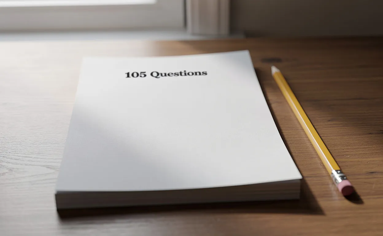 Une pile de feuilles marquée "105 Questions" repose à côté d’un crayon taillé sur un bureau en bois clair, éclairé par une douce lumière naturelle.