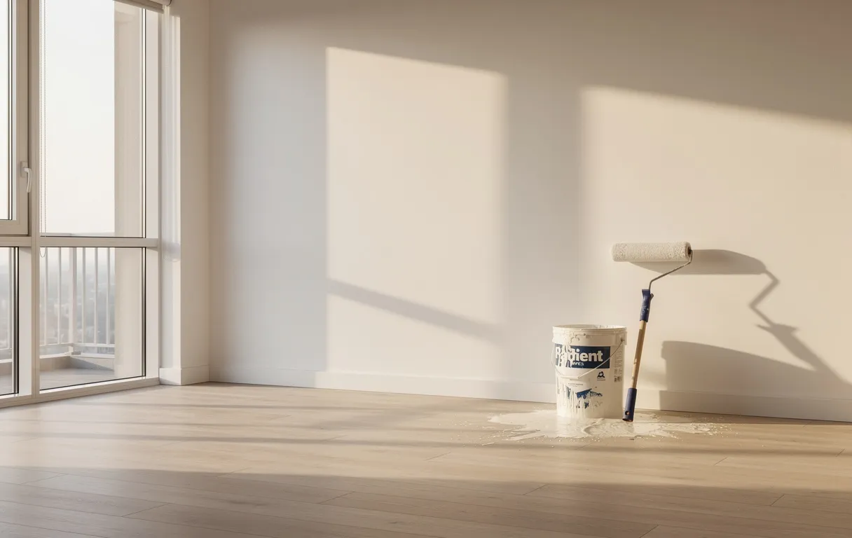 Un appartement lumineux presque vide avec des murs fraîchement peints en blanc, un rouleau de peinture posé près d’un seau dans un coin et la lumière du jour entrant par de grandes fenêtres.