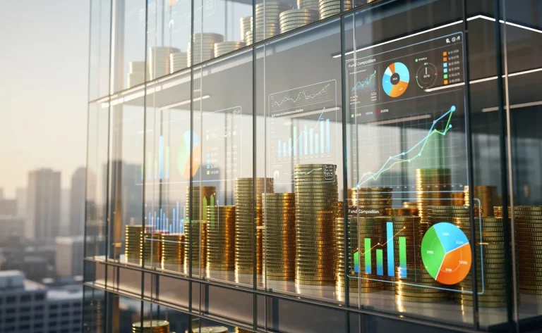 Un bâtiment moderne en verre laisse entrevoir des piles de pièces dorées et des graphiques variés illustrant la composition et l’analyse d’un fonds.