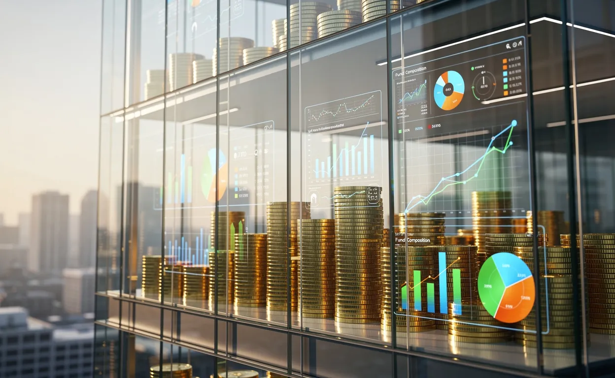 Un bâtiment moderne en verre laisse entrevoir des piles de pièces dorées et des graphiques variés illustrant la composition et l’analyse d’un fonds.