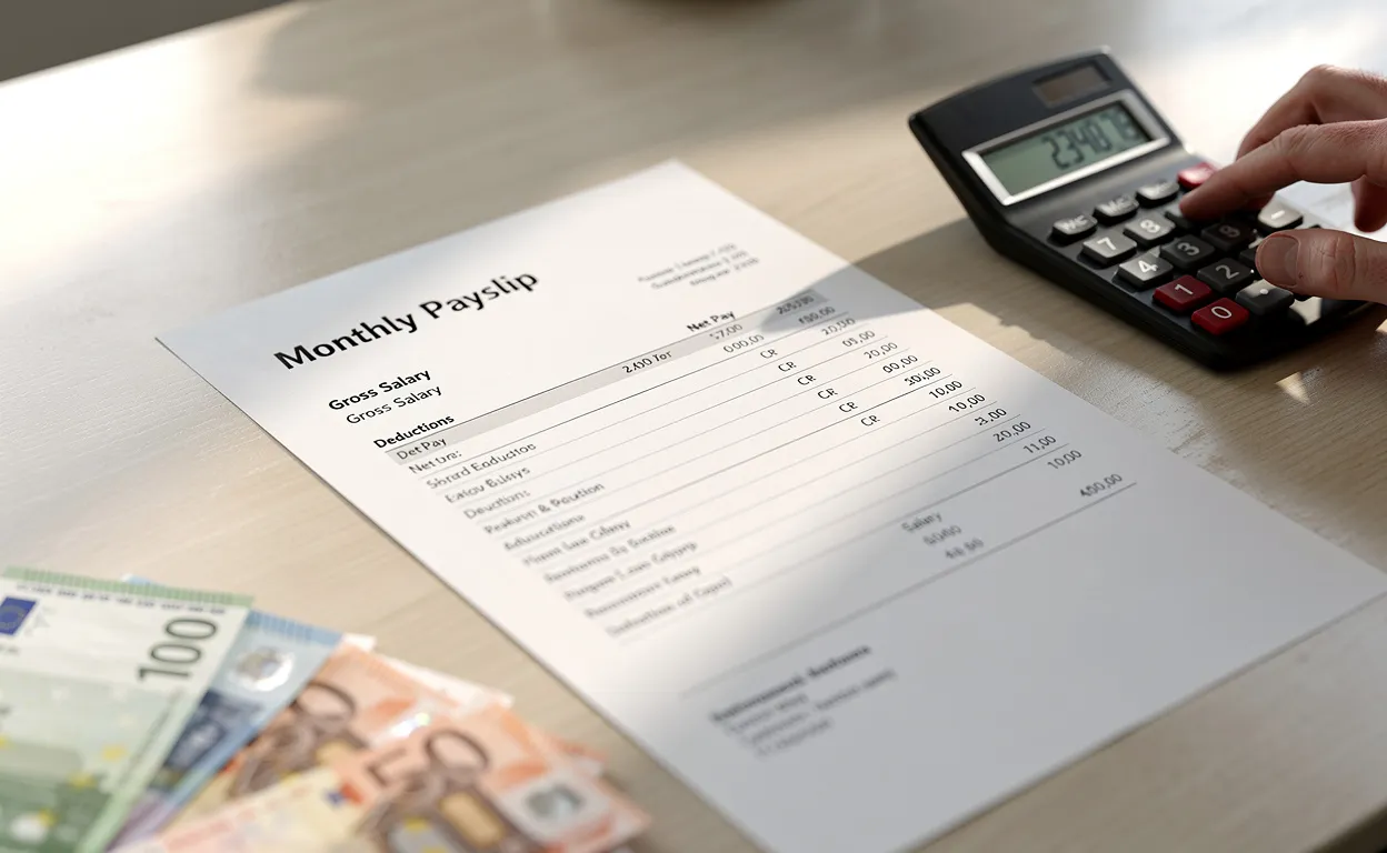 Un bulletin de salaire posé sur un bureau moderne avec une main utilisant une calculatrice et des billets en euros partiellement visibles.