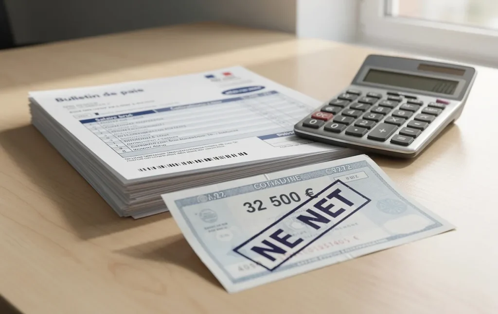 Des fiches de paie françaises empilées près d’une calculatrice moderne et d’un chèque mentionnant 32 500 euros et marqué NET, éclairés par une lumière de bureau douce.