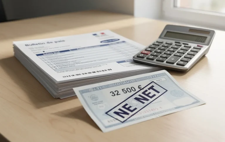 Des fiches de paie françaises empilées près d’une calculatrice moderne et d’un chèque mentionnant 32 500 euros et marqué NET, éclairés par une lumière de bureau douce.