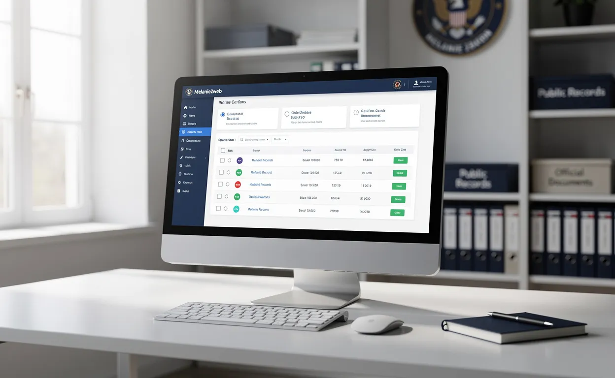 Un écran d’ordinateur affiche l’interface de la plateforme Melanie2web sur un bureau soigné dans un bureau administratif lumineux.