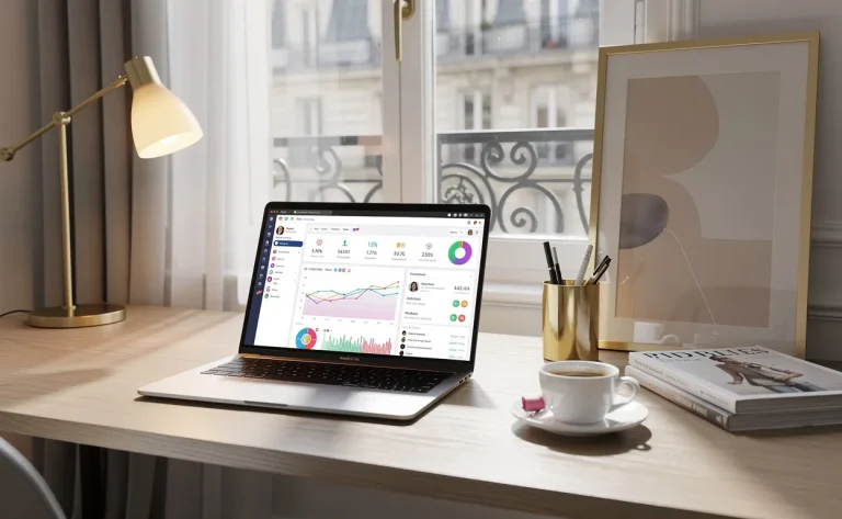 Bureau parisien moderne avec ordinateur portable affichant des graphiques de réseaux sociaux, accents dorés et lumière du matin filtrant par une grande fenêtre.