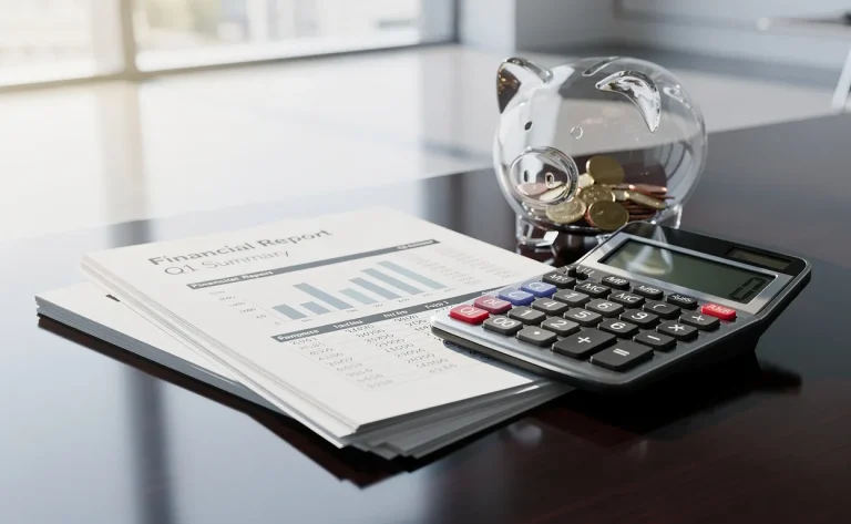 Un calculateur moderne, des documents financiers et une tirelire en verre sont disposés sur un bureau lustré sous une lumière naturelle.