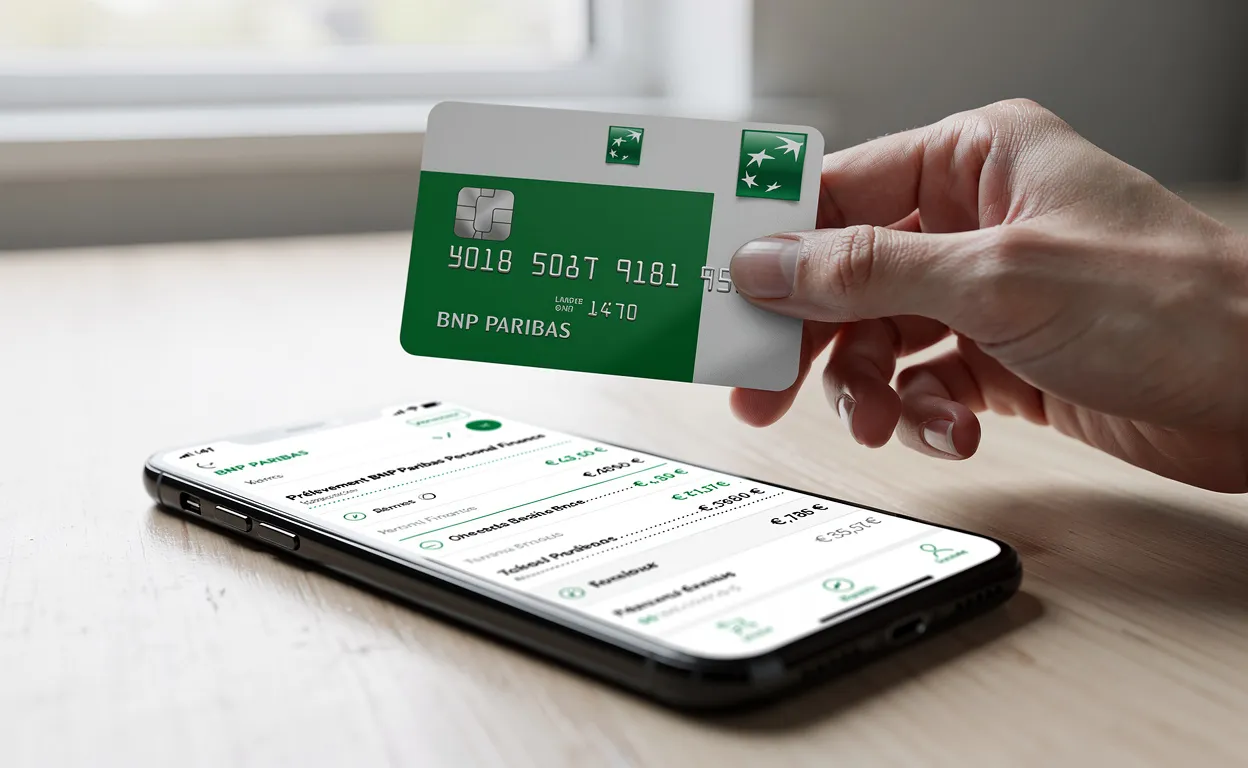 Une carte de crédit BNP Paribas est tenue au-dessus d’un smartphone affichant un relevé bancaire numérique avec une opération notée prélèvement BNP Paribas Personal Finance, dans une lumière naturelle et une ambiance moderne.