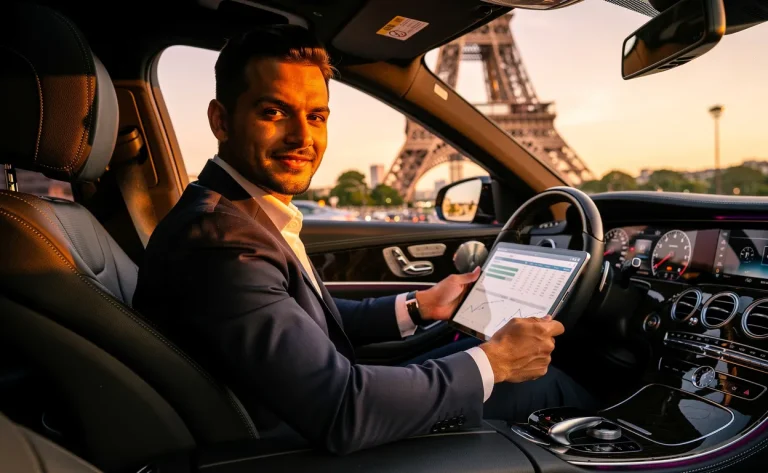 Un chauffeur VTC examine des documents financiers sur une tablette dans une voiture de luxe stationnée près de la tour Eiffel au coucher du soleil.