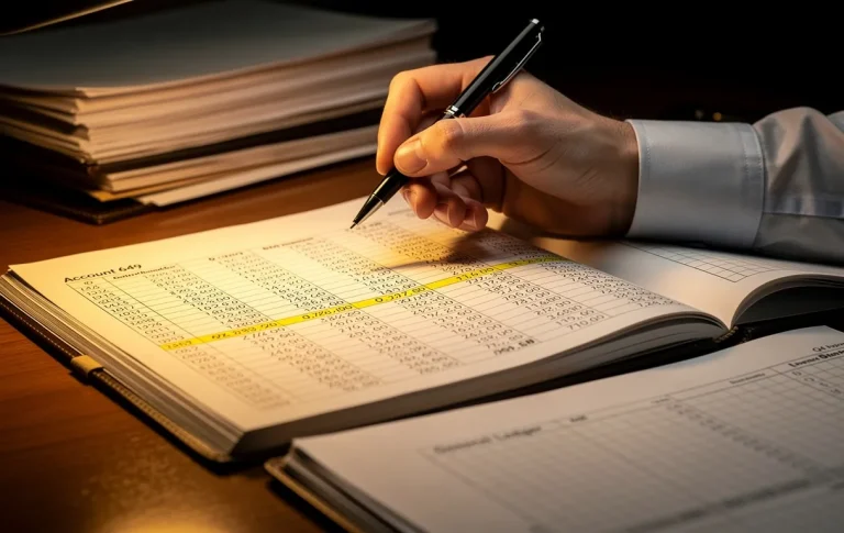 Une main d’expert-comptable tient un stylo au-dessus d’un grand-livre ouvert à la page du compte 649, sous la lumière chaude d’une lampe de bureau.