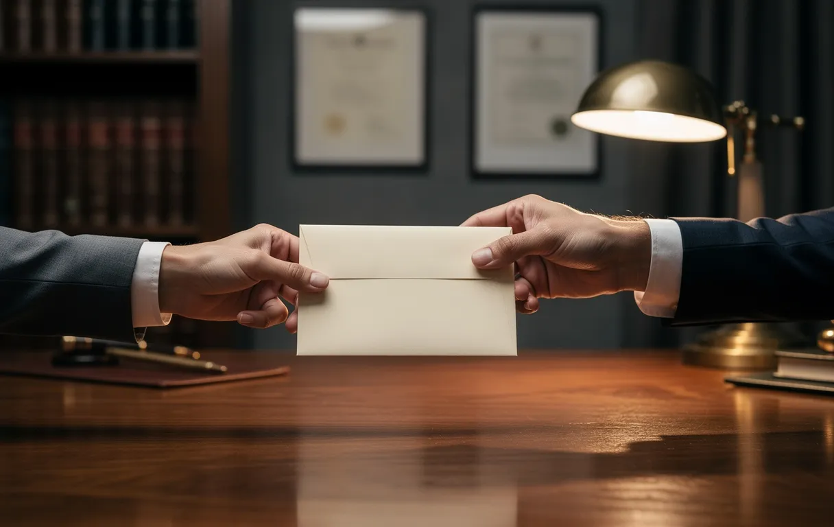 Deux mains échangent une enveloppe dans un bureau d’avocat élégant à la lumière tamisée.