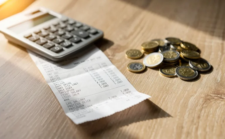 Un bulletin de salaire posé sur un bureau en bois avec des pièces en euros, une calculatrice et de la lumière du jour.